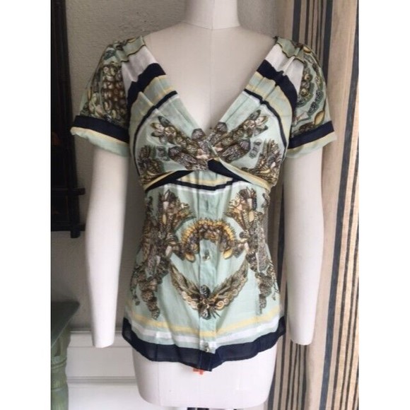 EUC GUCCI Blue Sea Shell Scarf Print Shirt Wrap Front Top 44 / 8